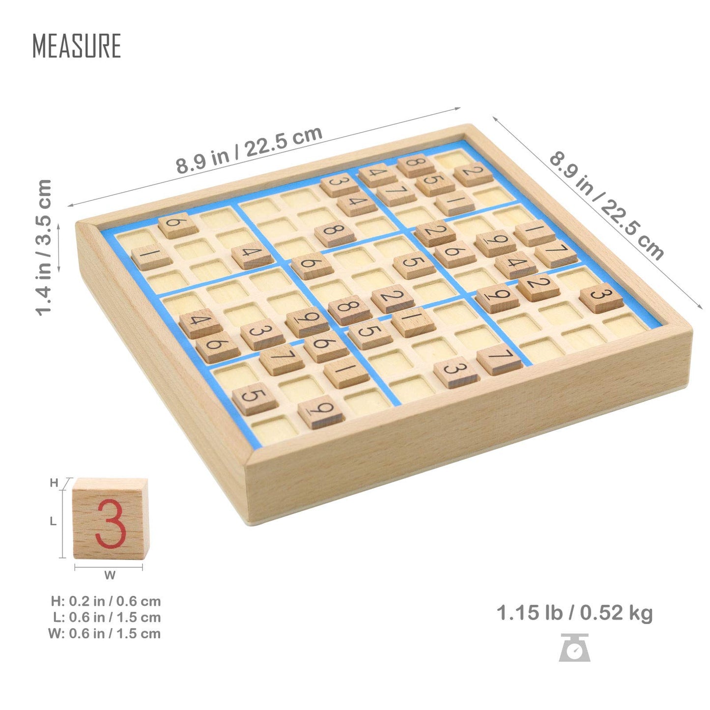 KAILIMENG Wooden Sudoku Board Game with Drawer - 81 Grids Number Place Wood Puzzle for Kids and Adults (Blue Line)