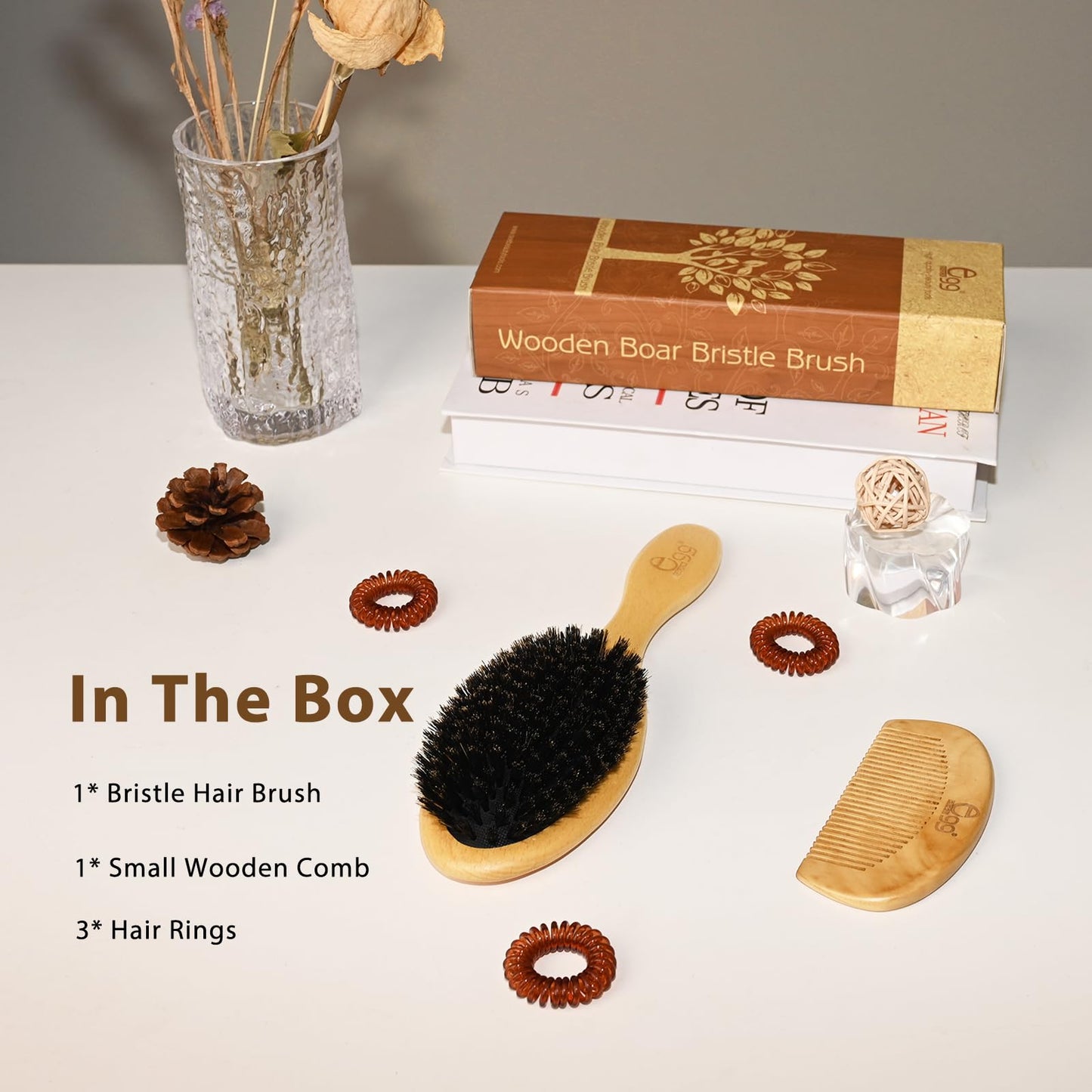 BLACK EGG Boar Bristle Hair Brush Set – Soft Natural Bristles for Thin & Fine Hair, Restores Shine & Texture, Includes Bamboo Comb & 3 Hair Ties