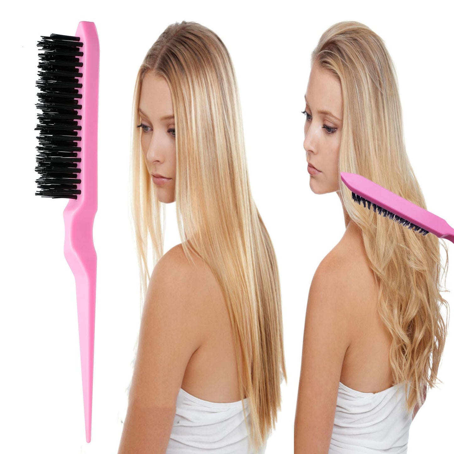 ZVOREI 8Pcs Hair Brush Set with Topsy Tail Tools & Edge Control Brush – Teasing, Styling & Back Brushing Kit for Women & Girls, Pink