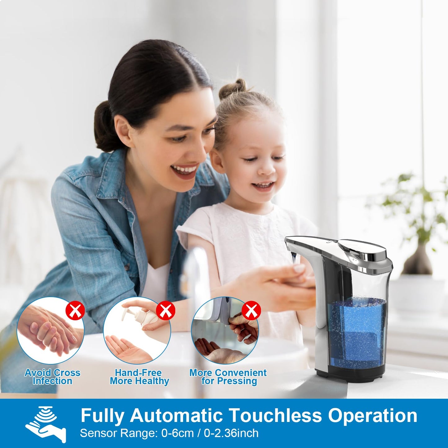 PZOTRUF Touchless Automatic Soap Dispenser, 17oz, Infrared Sensor, 5 Levels, for Bathroom & Kitchen Liquid Soap (Silver)