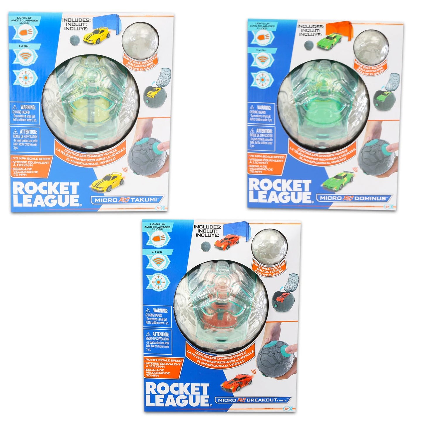 Rocket League RC Toy Cars Set for Kids - 3 Vehicles: Dominus, Takumi & Breakout with Tattoos | Boys Remote Control Playset