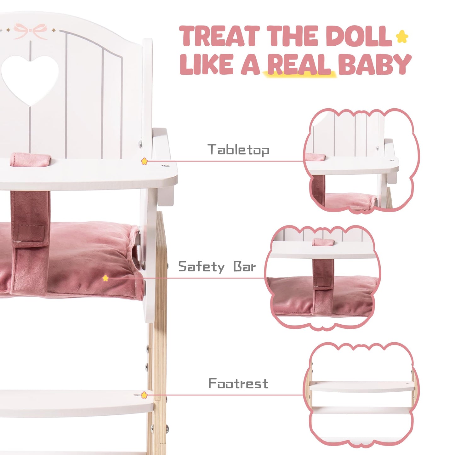 ROBOTIME Wooden Baby Doll High Chair, Pink Wooden Baby Doll Chair for 18 Inch Dolls, Pretend Play High Chair Baby Doll Accessories, Small