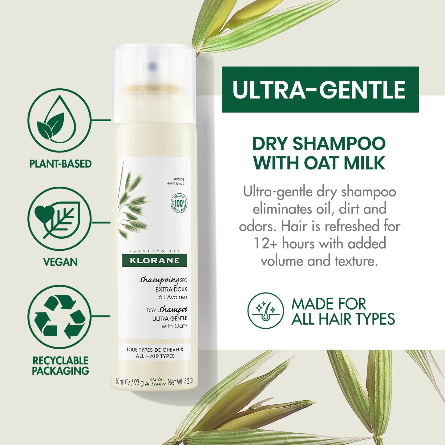 Klorane Ultra Gentle Dry Shampoo with Oat Milk – Refreshes Hair, Absorbs Oil & Odor, Hypoallergenic, Vegan, Paraben & Sulfate-Free, 3.2 oz