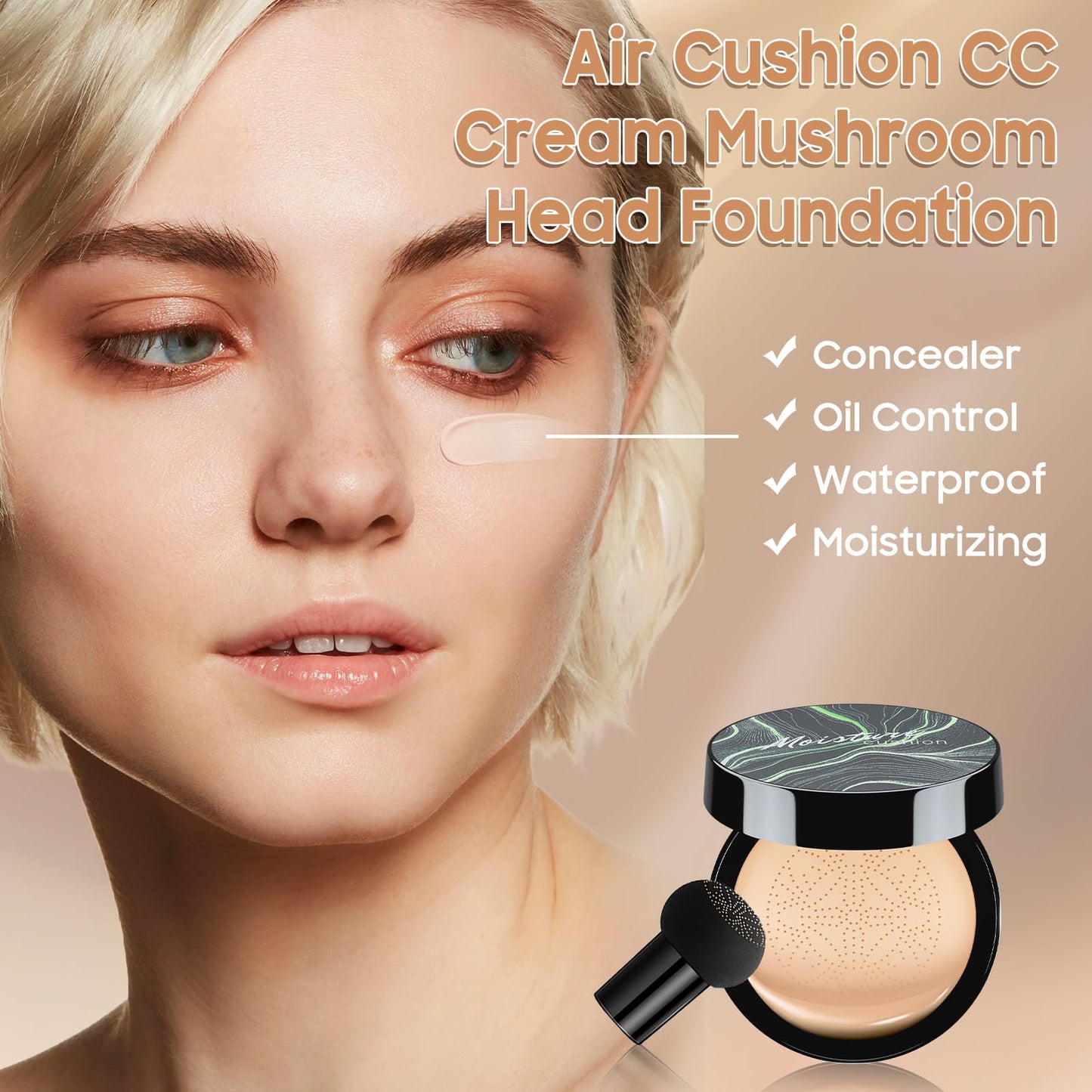 Mushroom Head Air Cushion CC Cream - Moisturizing BB Foundation, Concealer, Waterproof, Long-Lasting, Even Skin Tone, Natural, 1 Pack