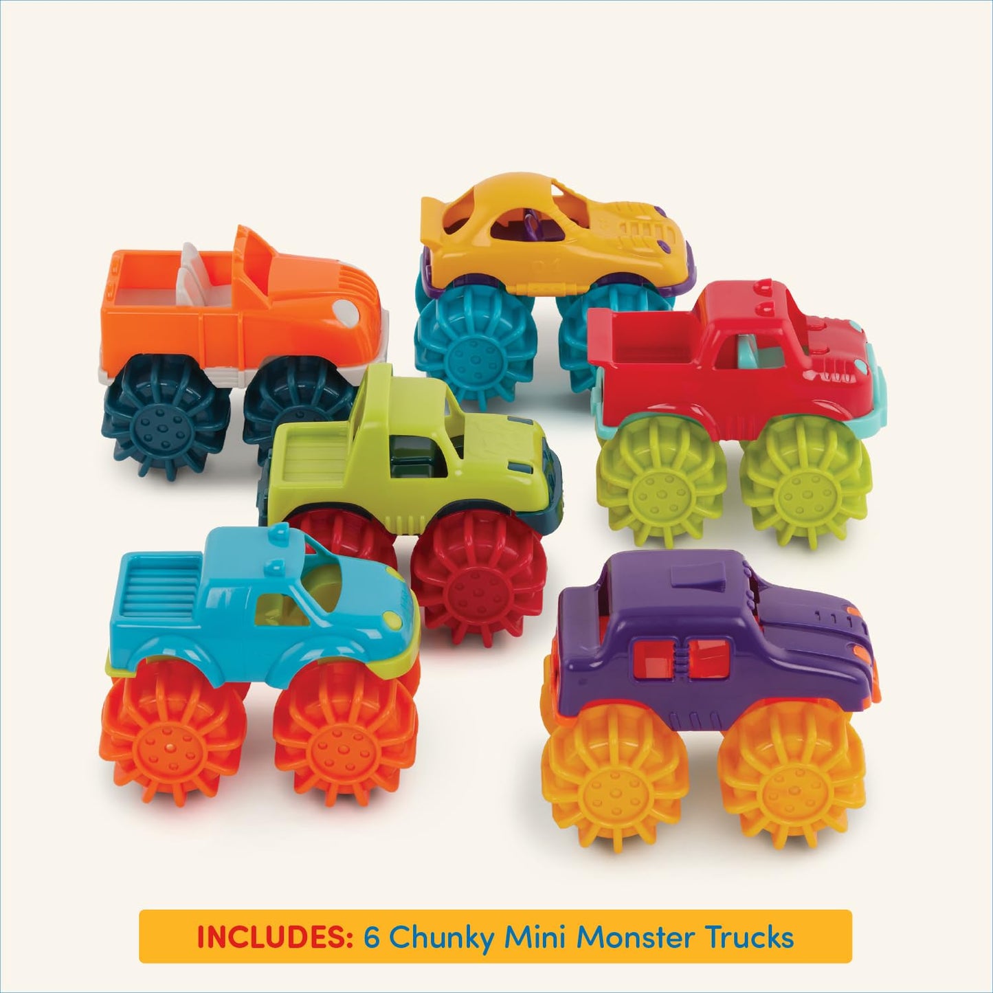 Battat – Plastic Toy Cars – 6 Pack & Storage Bag – Colorful Toddler Trucks – Easy To Clean – 2+ Years – Mini Monster Trucks