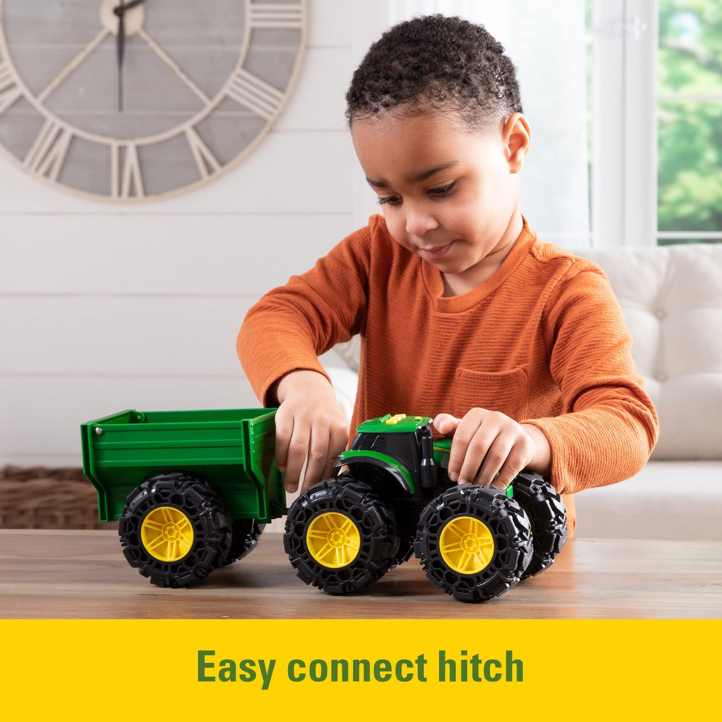 TOMY Monster Treads - John Deere Tractor Toy and Wagon - Includes Lights, Sounds, and Monster Truck Tires - John Deere Farm Toys - Ages 3 Years and Up