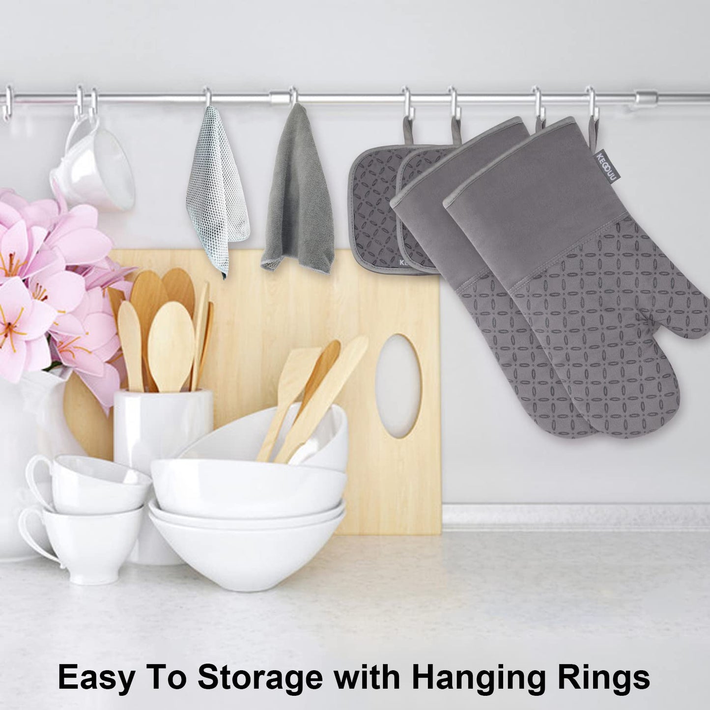 KEGOUU 6-Piece Oven Mitt & Pot Holder Set – 500°F Heat Resistant, Extra Long, Non-Slip Silicone for Cooking, Grey