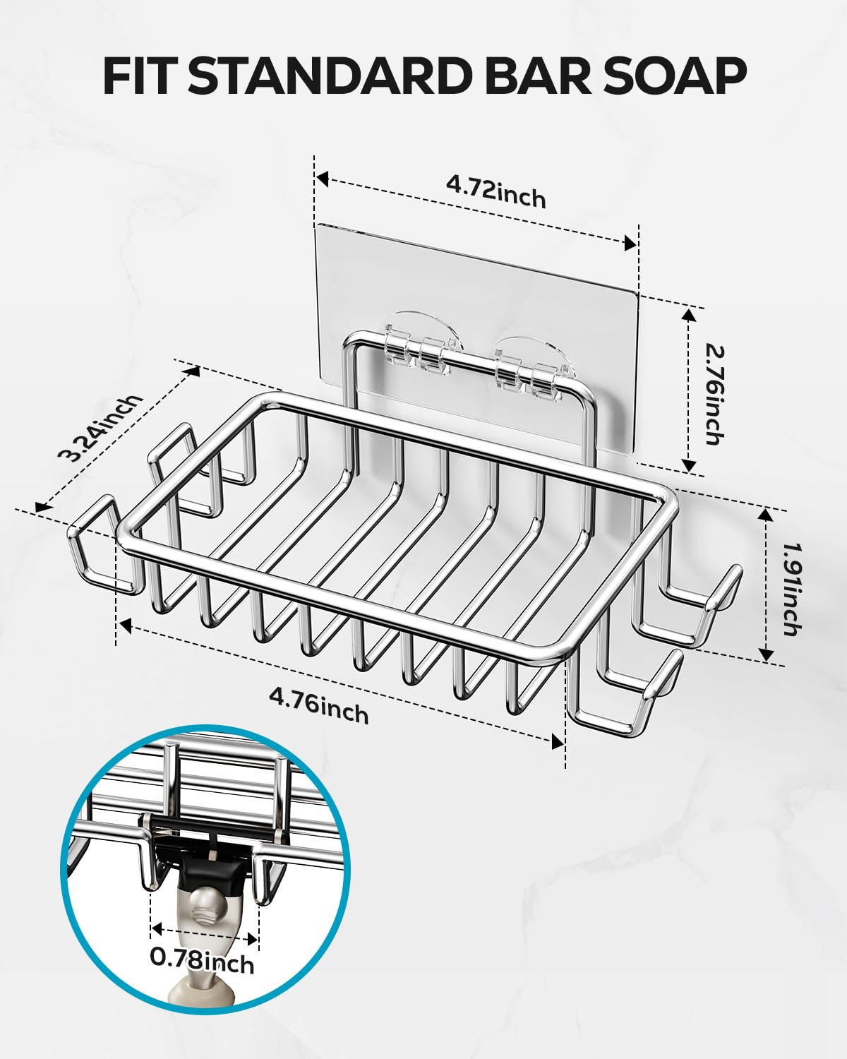 Nieifi Bar Soap Holder for Shower Wall with 4 Hooks, Stainless Steel Adhesive Soap Dish for Bathroom, Silver