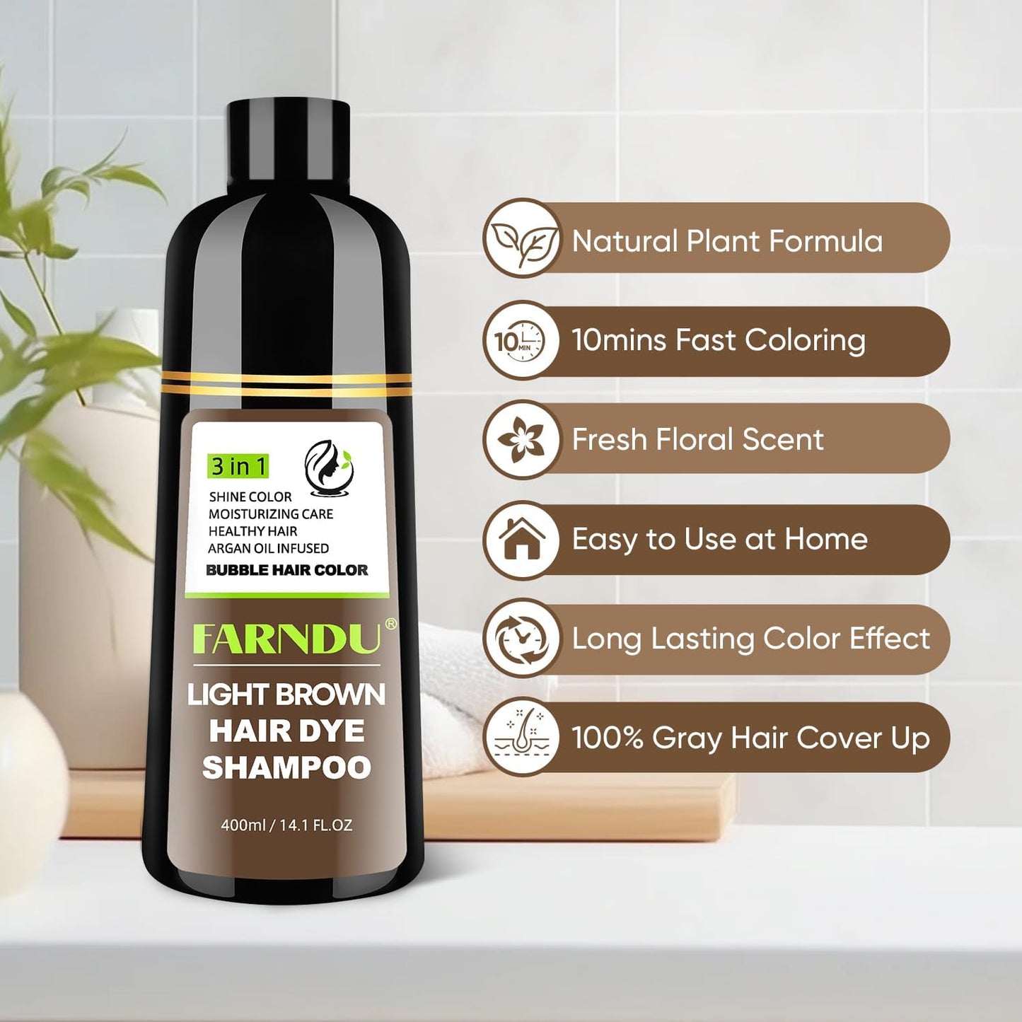 DYEING 221 BC FARNDU Light Brown Hair Dye Shampoo for Gray Hair Coverage - 3 In 1 Natural Hair Color Shampoo for Women & Men, Champu Para Canas Mujer