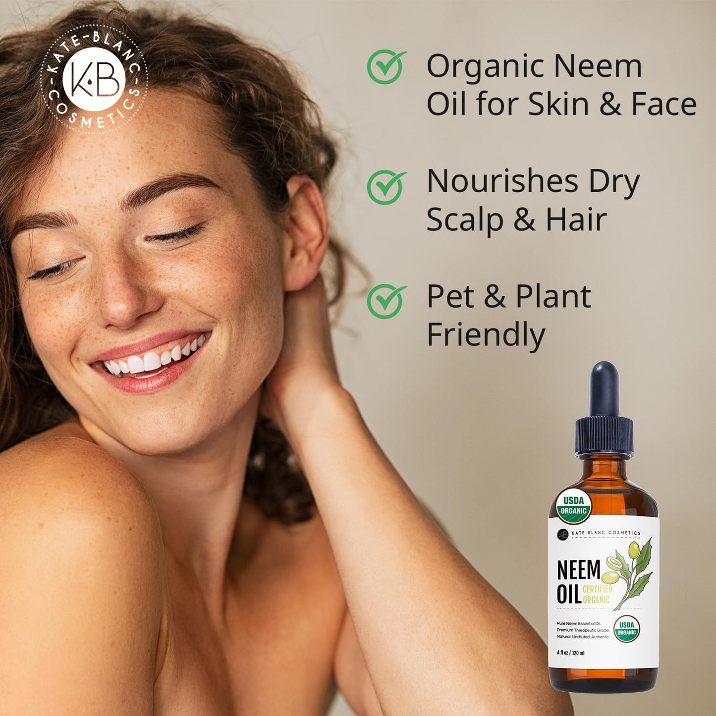 Kate Blanc Cosmetics Neem Oil for Skin, Hair & Face. Safe for Dog, Plants, Scalp (4oz, Organic, Cold Pressed, Concentrate)