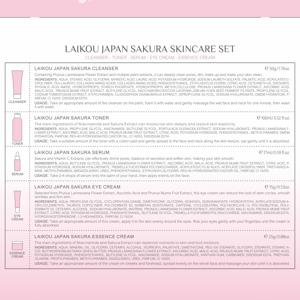 LAIKOU Japan Sakura Skin Care Set for Women – 5 Pcs Travel Beauty Kit with Cleanser, Toner, Serum, Eye & Face Cream – Gift for Mom, Teen Girls