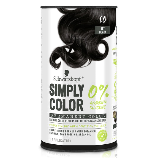 Schwarzkopf Simply Color 1.0 Jet Black Permanent Hair Dye – Ammonia, Silicone, PPD & PTD Free, Gentle Formula, Dermatologist Tested, 1 Application