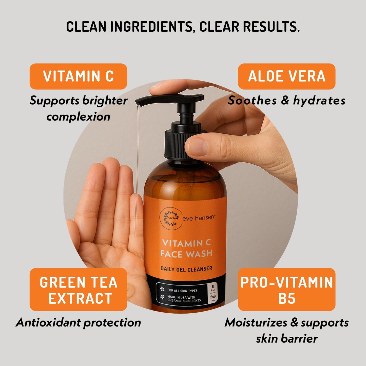 Vitamin C Face Cleanser 8 oz – Gentle Gel for Uneven Skin, Age Spots & Fine Lines, with Aloe Vera, Green Tea & Ginseng