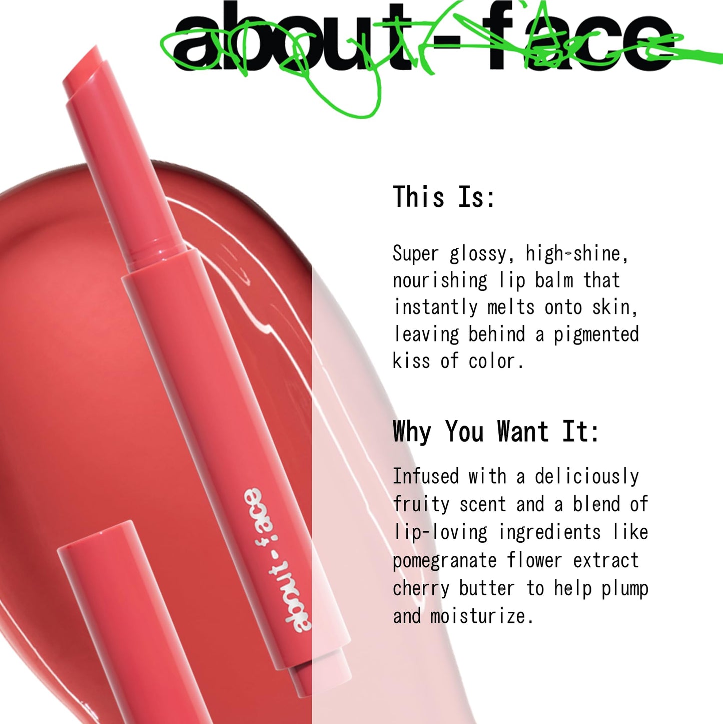 aboutface Cherry Pick Lip Color Butter – Hydrating, High-Shine Lip Balm with Cherry Butter & Pomegranate Flower Extract, Vegan, 0.06 oz