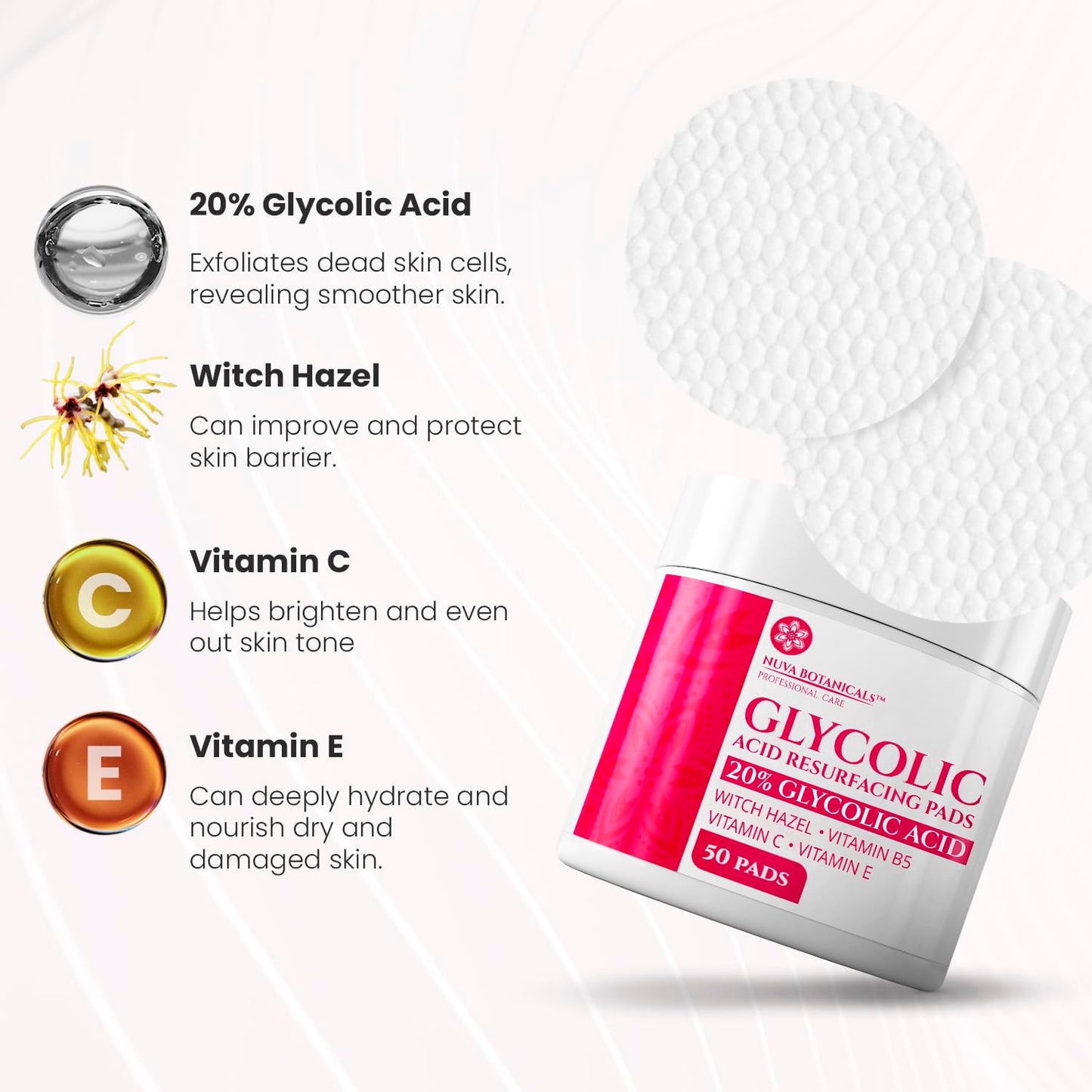 20% Glycolic Acid Face Pads (50) – At-Home Chemical Peel & Exfoliating Pads with Vitamin C for Acne & Brightening Skin