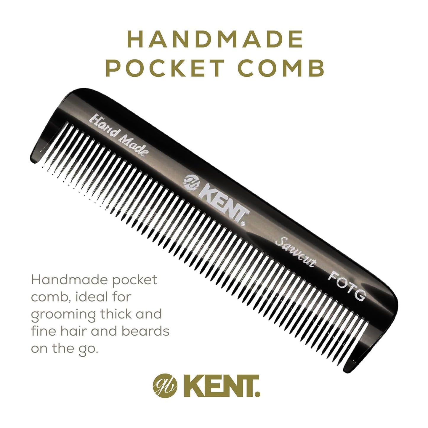 Kent FOT Black Graphite Fine Tooth Pocket Comb for Men – Handmade Travel Comb for Styling, Fine Hair, Beard & Mustache – Saw-Cut, Made in England