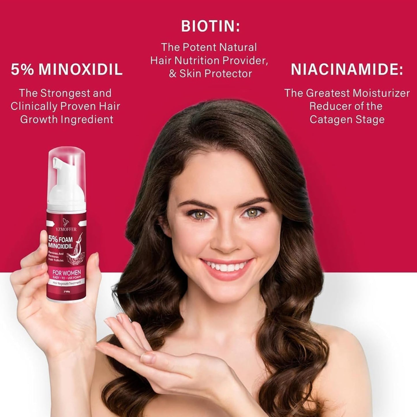 Yzmoffer 5% Minoxidil Foam for Women – Hair Regrowth Treatment to Reduce Thinning & Hair Loss, Nourish Scalp for Thicker, Fuller Hair, 2 x 60g