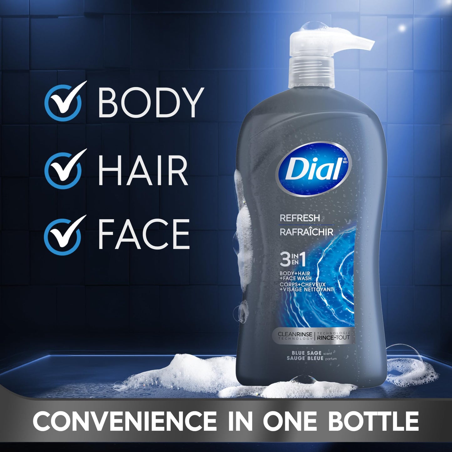 Dial Men 3in1 Body, Hair and Face Wash, Hydro Fresh, 32 fl oz