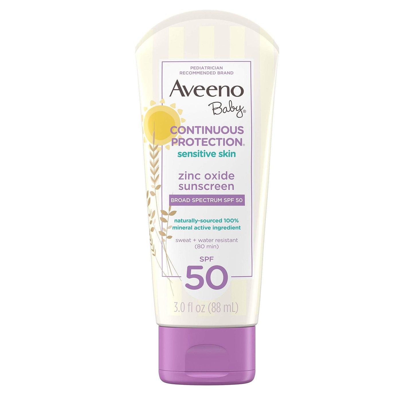 Aveeno Baby Zinc Oxide Mineral Sunscreen Lotion SPF 50 – Sensitive Skin, Tear-Free, Water & Sweat Resistant, Travel Size 3 fl oz