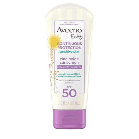 Aveeno Baby Zinc Oxide Mineral Sunscreen Lotion SPF 50 – Sensitive Skin, Tear-Free, Water & Sweat Resistant, Travel Size 3 fl oz