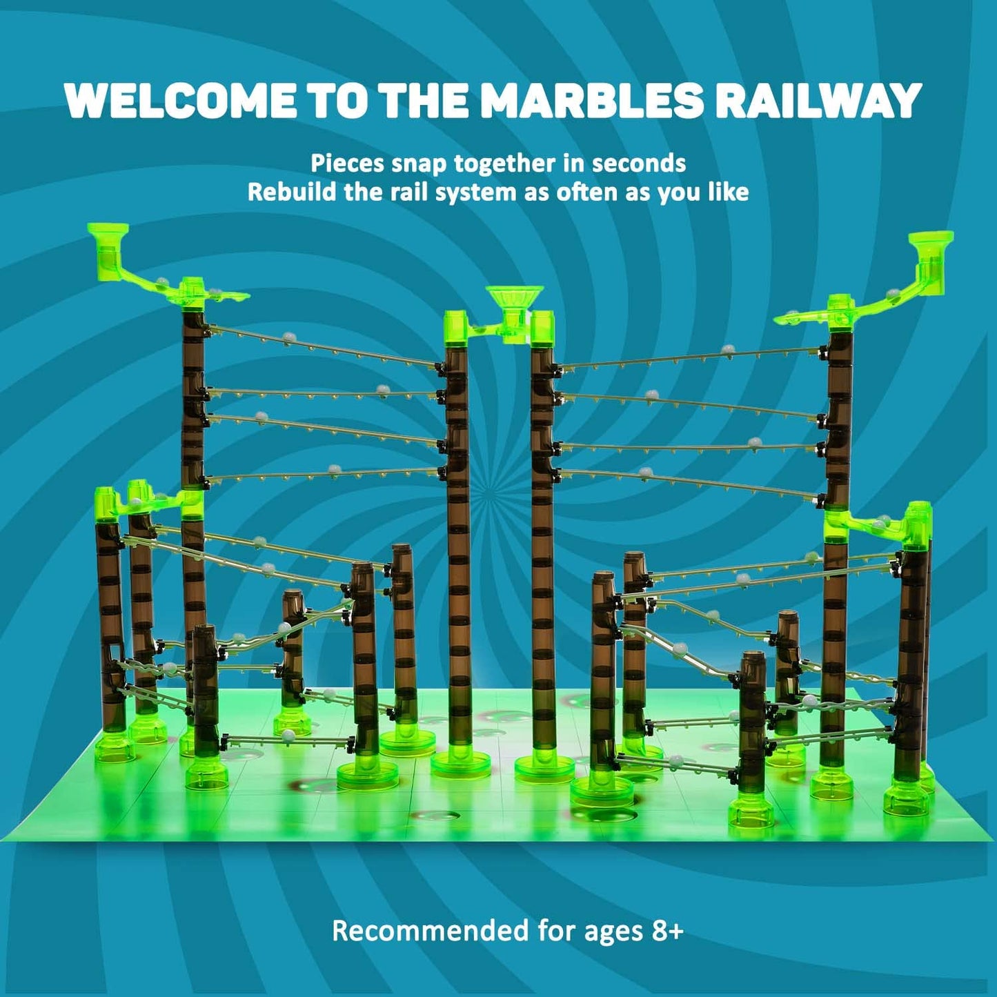 Marble Genius Marble Rails Extreme Set, 625-Piece Marble Run for Kids 8+, STEM, 55 Marbles, 80 Rails, 20 Bases, Full-Color Instructions