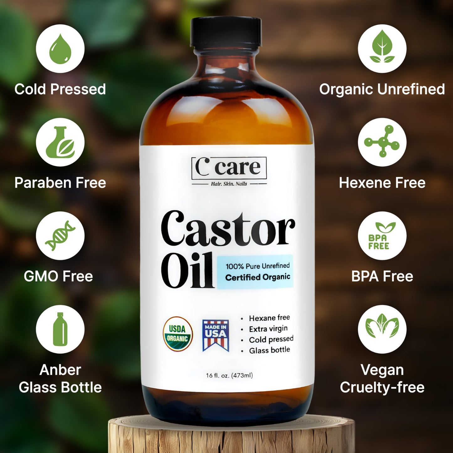C CARE 100% Pure Organic Castor Oil, Cold Pressed & Unrefined, USDA Certified, Hexane-Free Extra Virgin Oil for Hair, Skin, Lashes & Brows, 16oz