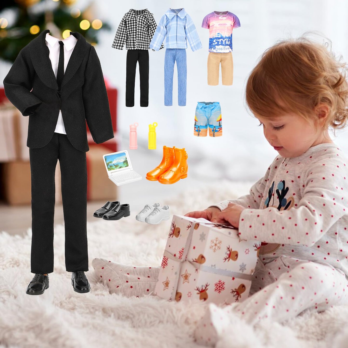 Miunana 16-Piece Doll Clothes & Accessories Set – Classic Black Suit, 4 Casual Outfits, 5 Pants, 3 Shoes, Laptop & Water Bottles