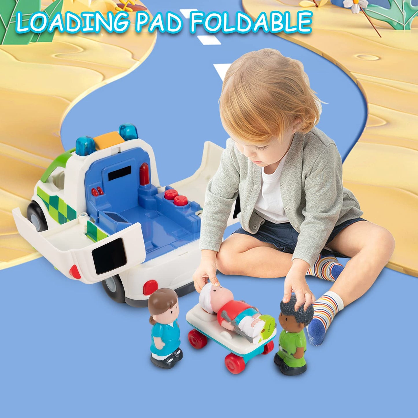 Auspint Friction-Powered Ambulance Toy with Lights & Sounds – Rescue Role Play Set for Toddlers, Boys 1-3, Birthday & Party Gift