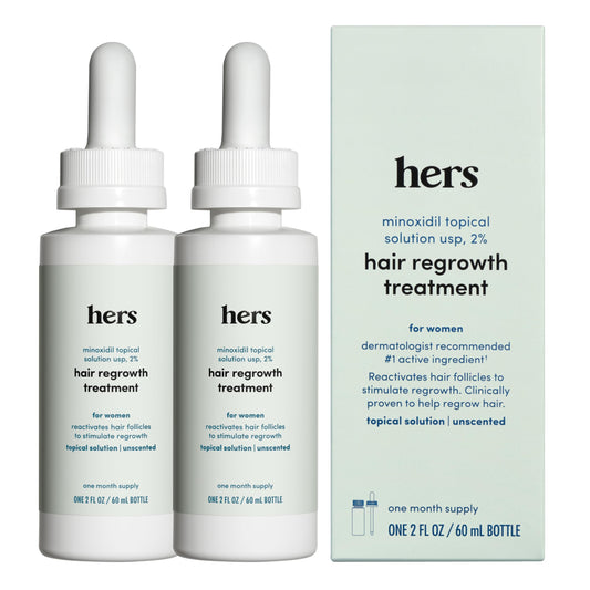 hers Hair Regrowth Treatment - Topical Minoxidil 2% Solution for Women - Supports Thicker, Fuller Hair - Non-Greasy - Unscented, 2 Pack