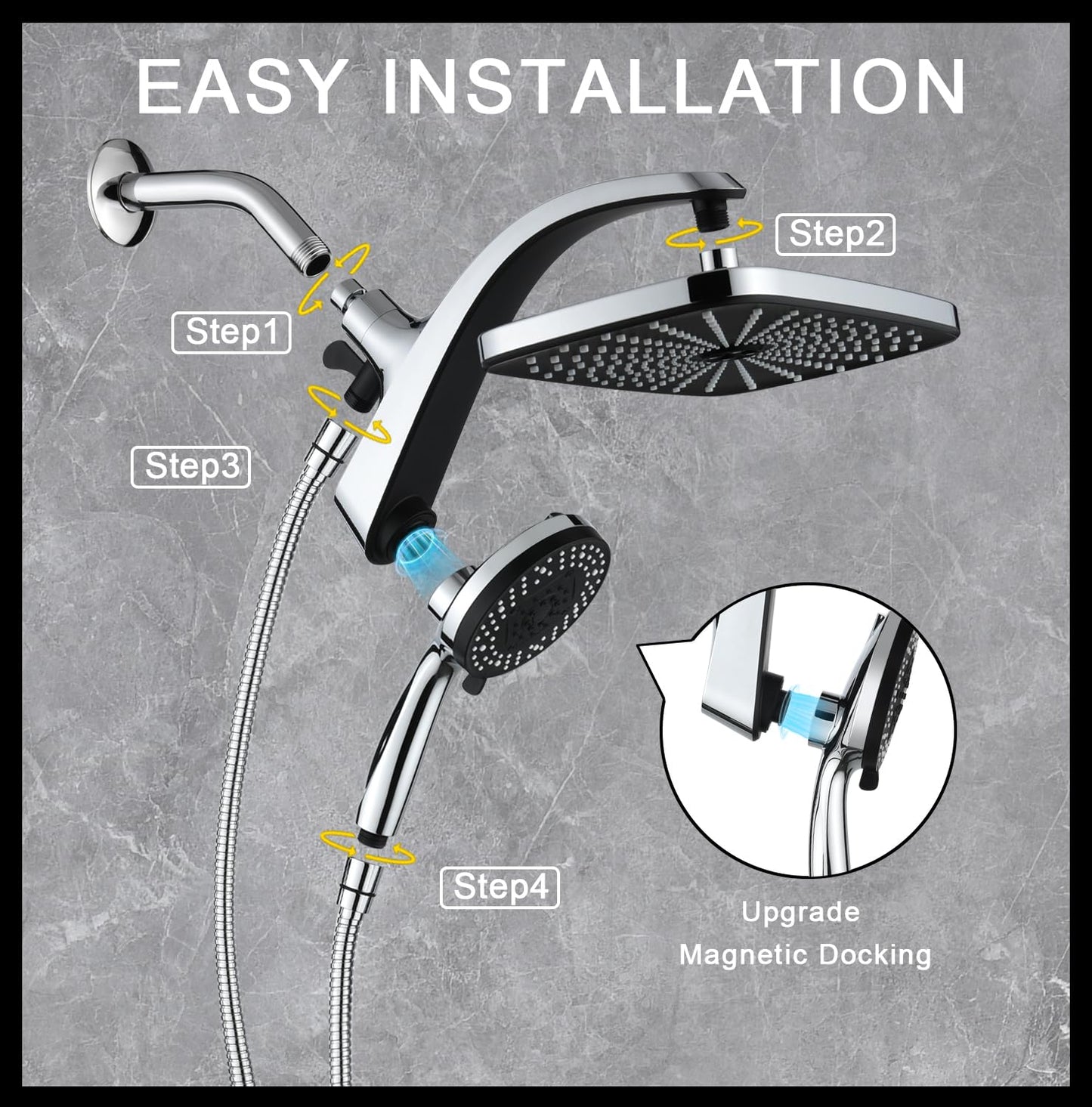 High Pressure Rain Shower Head Combo, Fixed & 10-Spray Handheld with Magnetic Docking, Detachable Power Jet Showerhead Upgrade