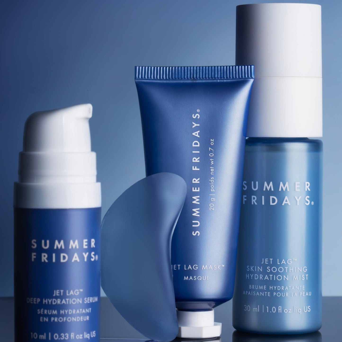 Summer Fridays Jet Lag Essentials Travel Skincare Set – Eye Patches, Hydration Mist, Serum & Mask, 4-Piece Kit