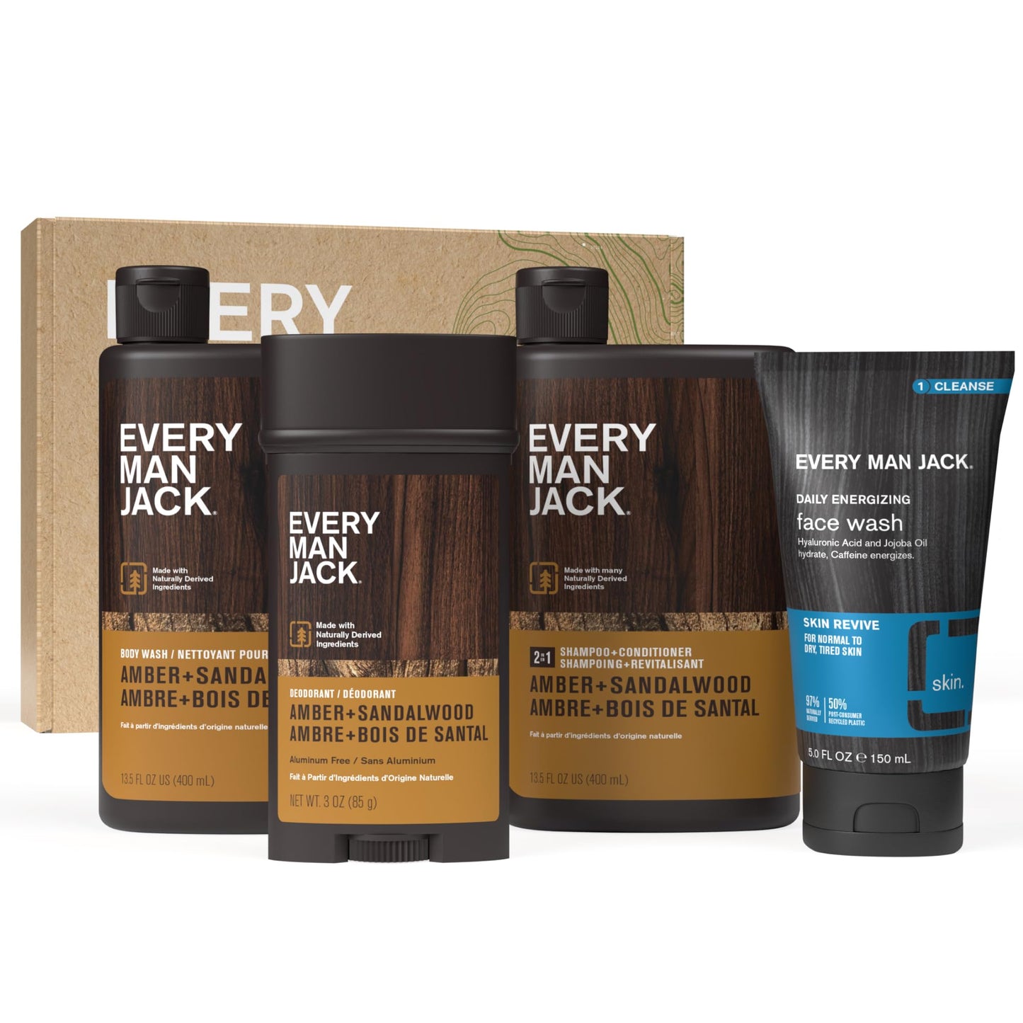 Every Man Jack Men’s Amber & Sandalwood Gift Set – Body Wash, 2-in-1 Shampoo, Deodorant & Face Wash with Clean Ingredients