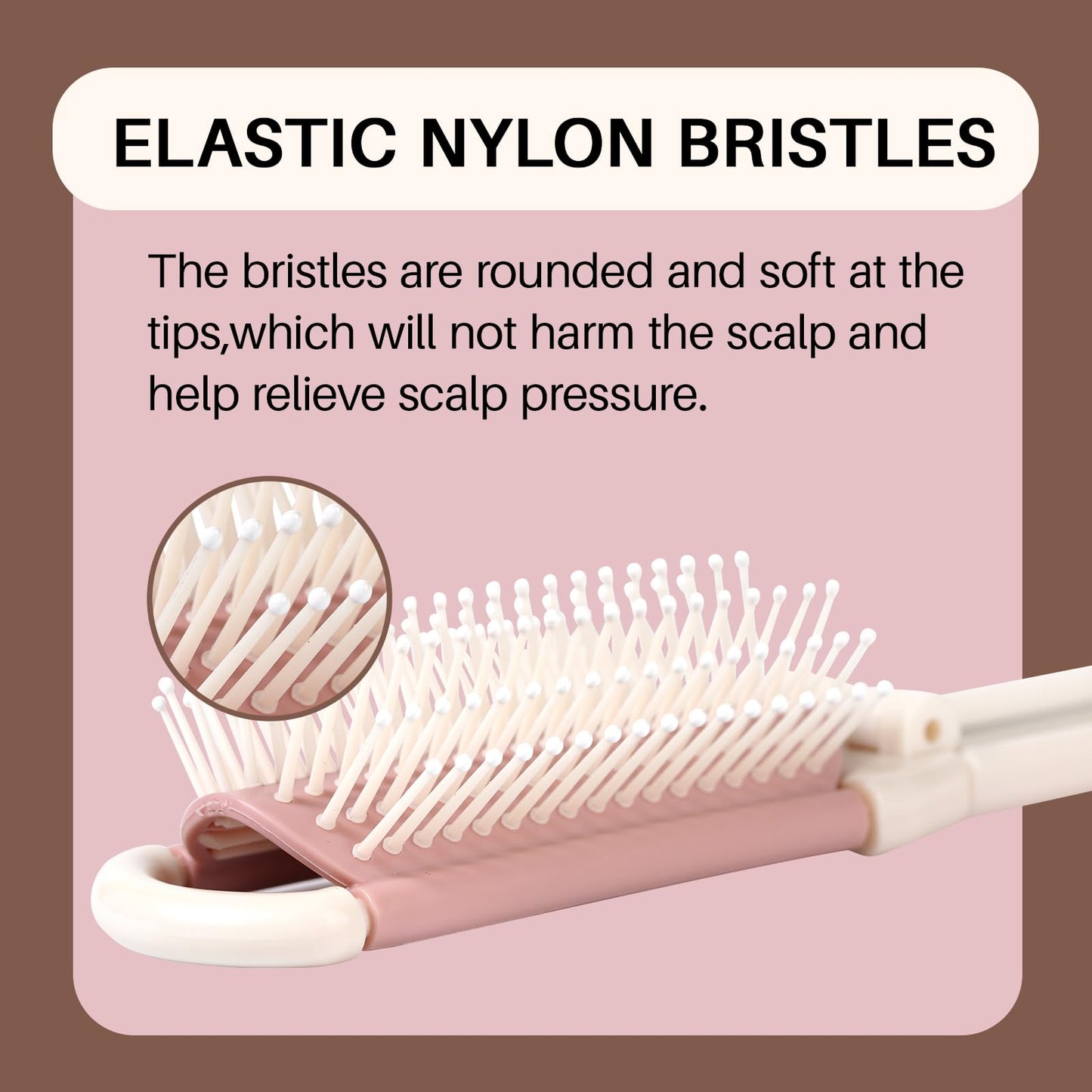 RHOS Folding Brush with Mirror for Women, Girls - Mini Hair Brush for Purse, Small Pocket Brush with Soft Nylon Bristles and Mirror for Travel (Beige)