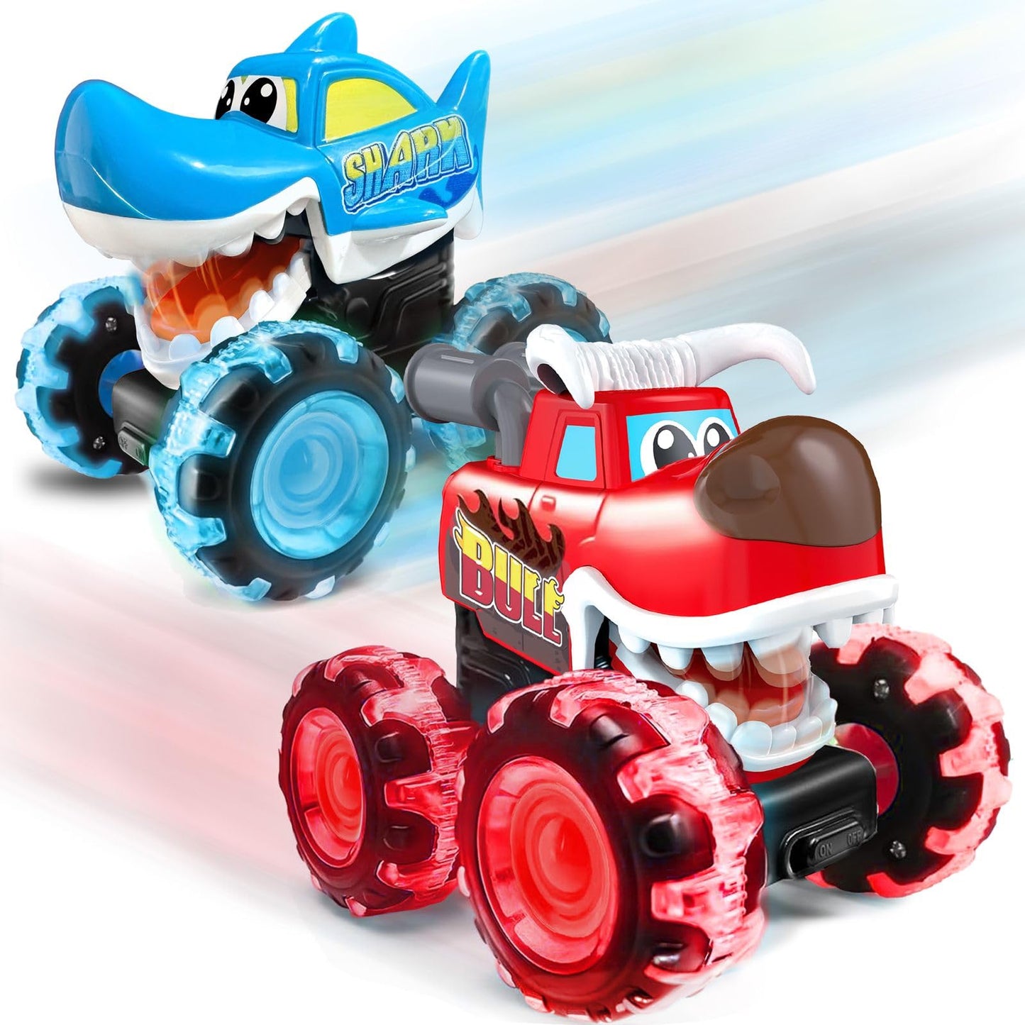 Two toy monster trucks, one blue and one red, on a gradient background.