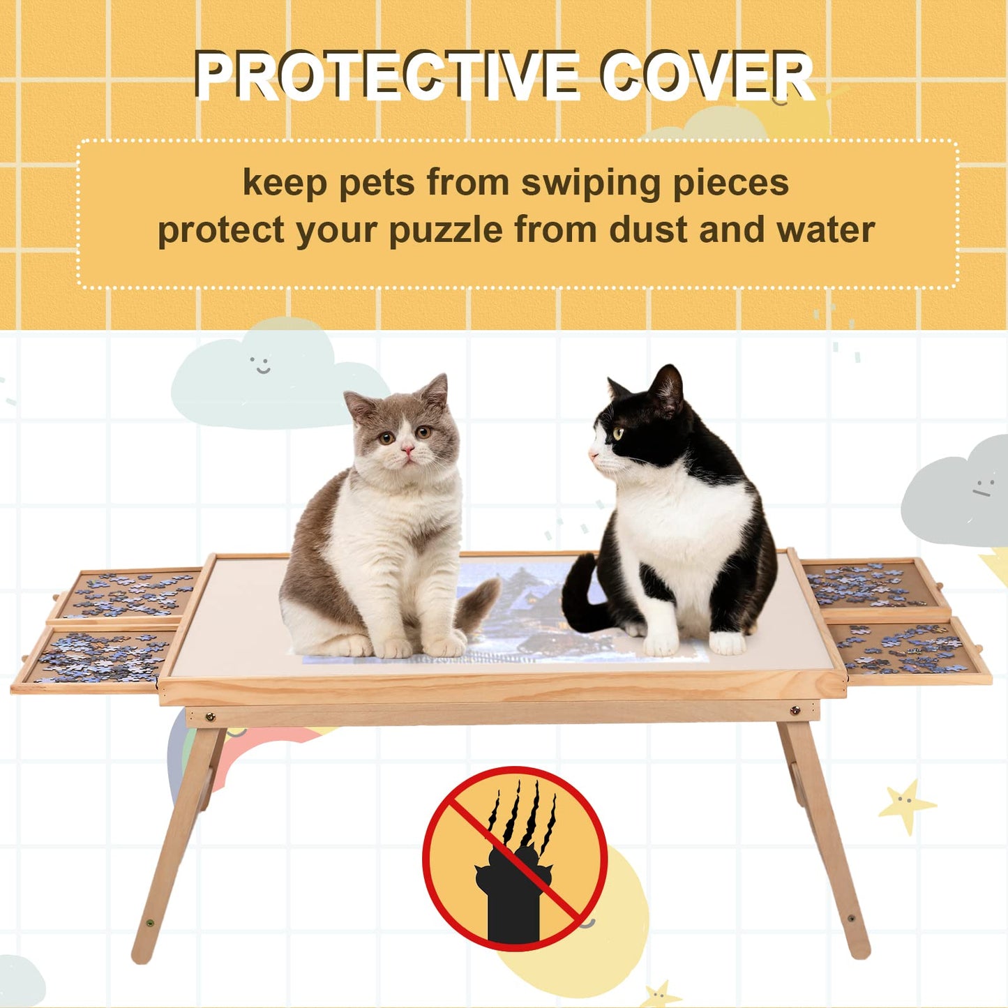 Yacona 1500-Piece Jigsaw Puzzle Board 34.3"x26.5" with 4 Drawers, Cover & Folding Legs – Portable Table for Teens & Adults, No Setup Needed