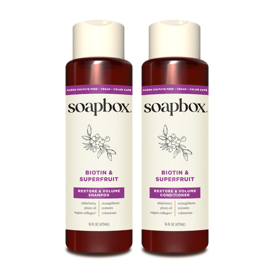 Soapbox Biotin & Superfruit Shampoo & Conditioner Set with Vegan Collagen, Aloe & Shea Butter, Sulfate & Paraben Free, 16 oz Each, 2 Pack