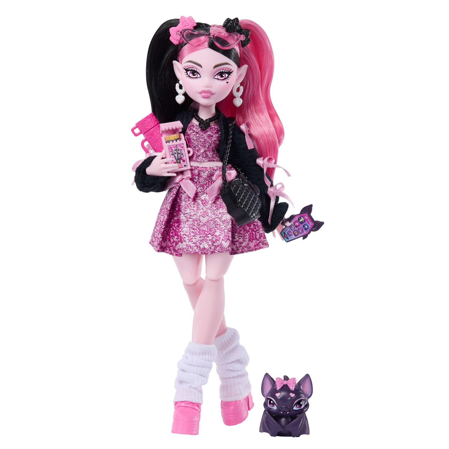 Monster High Doll, Draculaura in Pink Bow Dress and Black Cardigan with Pet Bat Count Fabulous and 7 Accessories Like Ramen, Lipstick and Purse