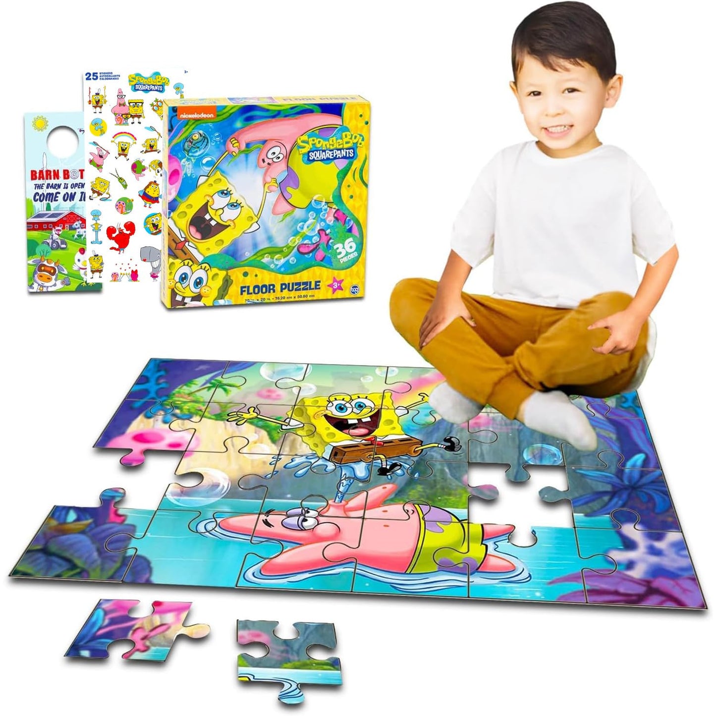 Spongebob Squarepants Floor Puzzle Set - Bundle with 36 Pc Spongebob Floor Puzzle, Stickers, More | Spongebob Toys for Kids 5-7