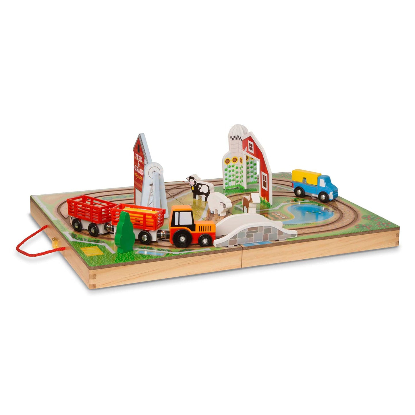 Melissa & Doug 17-Piece Wooden Take-Along Farm Set with Barn, Grain House, 4 Vehicles & Play Pieces – Pretend Play Toy for Toddlers 1+