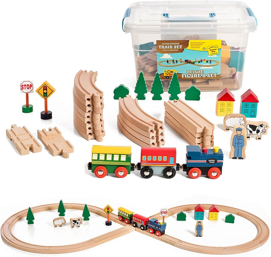 On Track USA 35-Piece Wooden Train Set with Magnetic Trains, Tracks & Accessories in Clear Container, Compatible with Major Brands