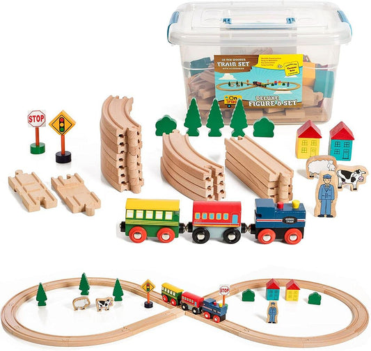 On Track USA 35-Piece Wooden Train Set with Magnetic Trains, Tracks & Accessories in Clear Container, Compatible with Major Brands