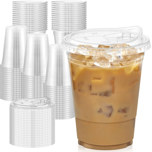 Dealusy 100-Pack 16oz Clear Plastic Cups with Sip Lids – Sturdy, Food-Safe Disposable Cups for Iced Coffee, Smoothies & Cold Drinks