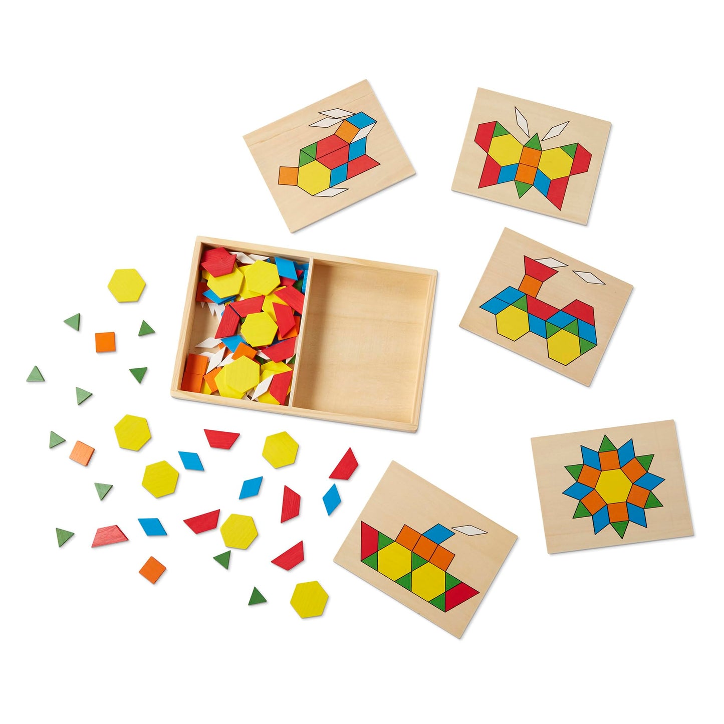 Melissa & Doug Pattern Blocks & Boards Set - 120 Wooden Shape Tiles, 5 Double-Sided Puzzle Boards, Montessori Tangram Toy for Kids