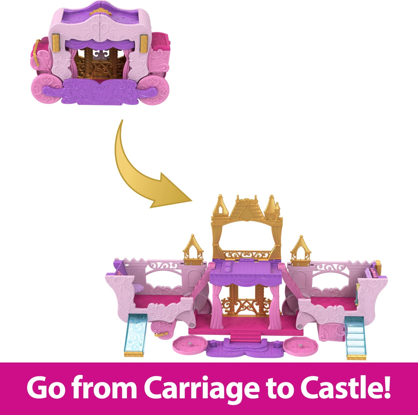 Mattel Disney Princess Toys, Carriage to Castle Transforming Playset with Aurora Small Doll, 4 Figures, Furniture & Accessories