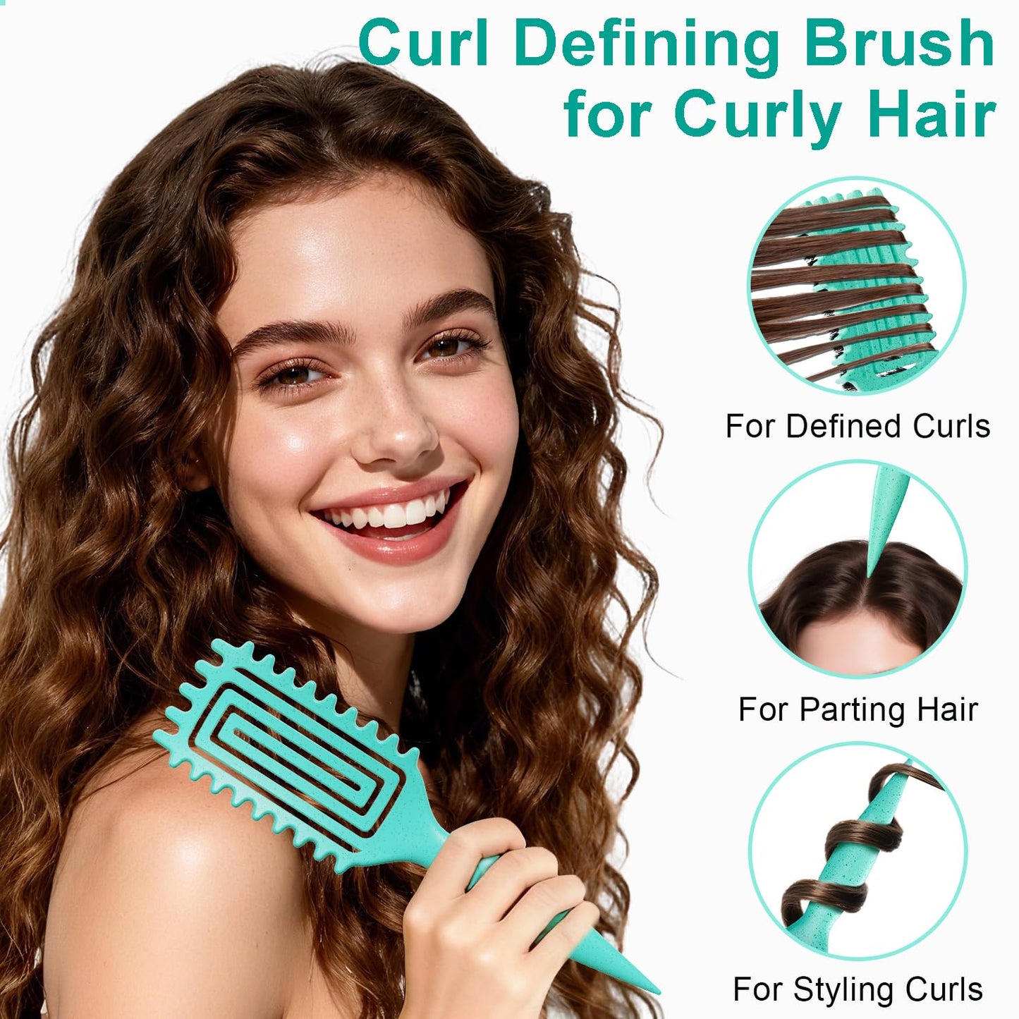 Curl Defining Brush for Curly Hair – Soft Boar Bristles & Wide Teeth for Detangling, Shaping & Defining Curls – For Wet & Dry Hair (Green)