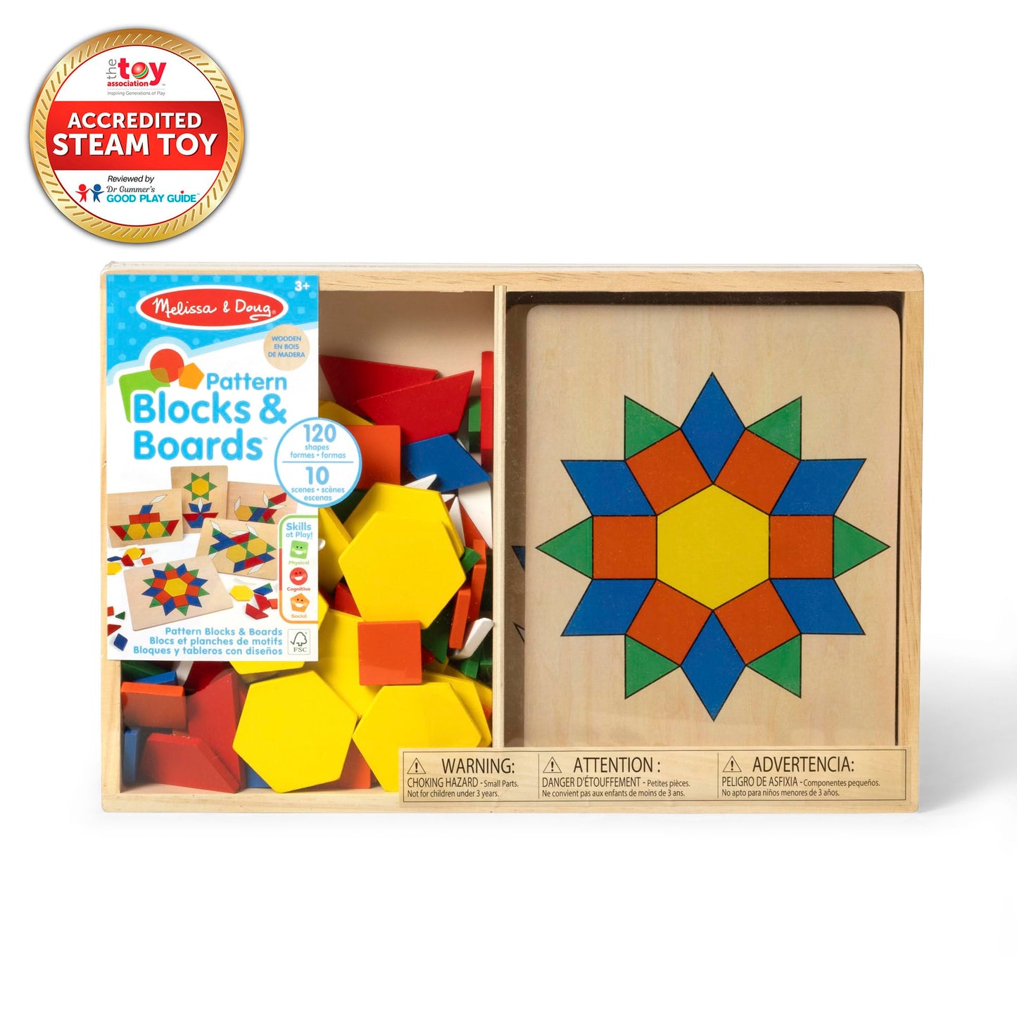 Melissa & Doug Pattern Blocks & Boards Set - 120 Wooden Shape Tiles, 5 Double-Sided Puzzle Boards, Montessori Tangram Toy for Kids