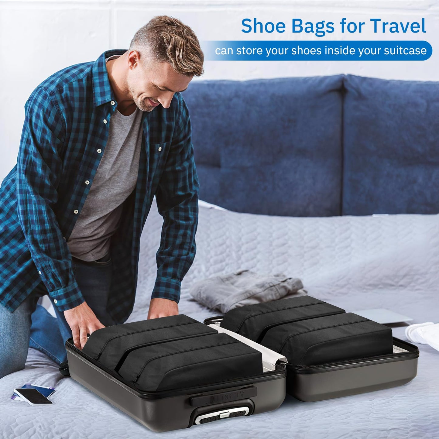 MISSLO Portable Nylon Travel Shoe Bags with Zipper Closure (Pack 4, Black)