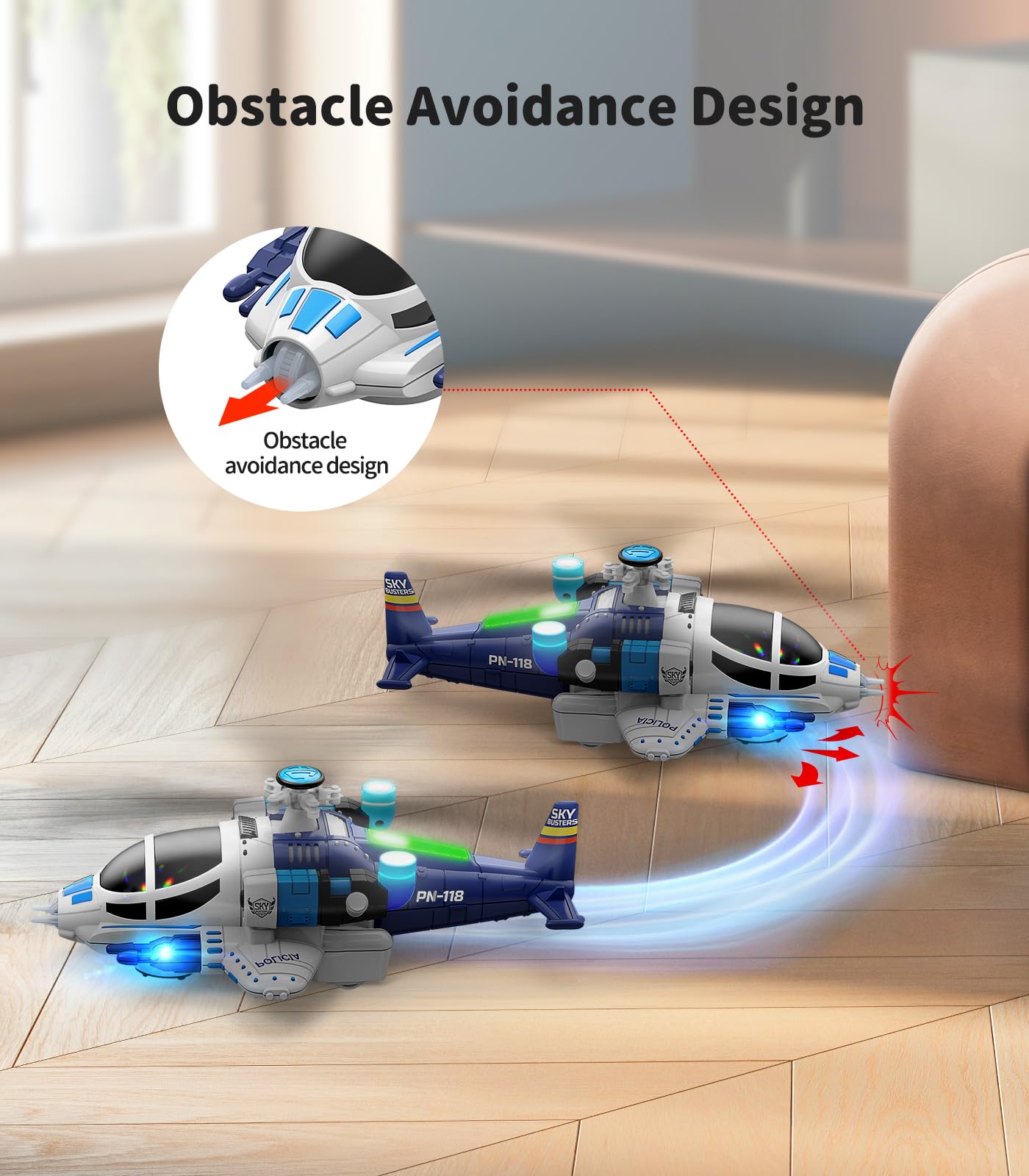 Geyiie Blue Helicopter Toy for Kids with Lights & Sounds, 360° Flying, Auto-Steering Airplane, Birthday Party Favor Gift for Boys