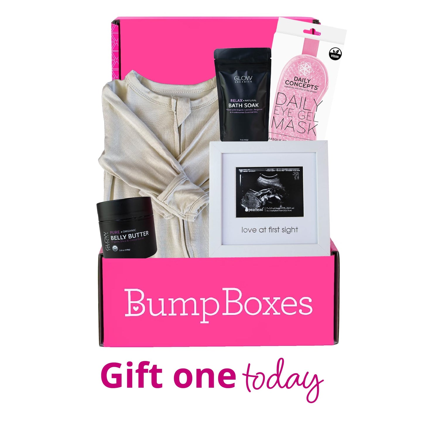 Bump Boxes 2nd Trimester Gift Set, Complete Pregnancy Care Package with Belly Butter, Bath Soak, Baby Footed Sleeper, Sonogram Frame and Eye Mask