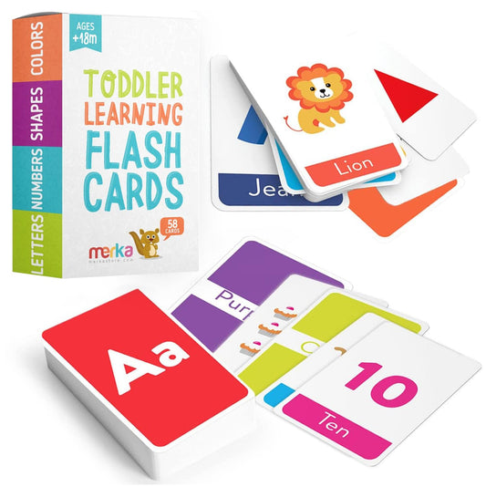 Merka Toddler Flash Cards - 58 Double-Sided ABC, Numbers, Colors & Shapes Cards for Preschool Learning, Ages 1-4 Educational Fun
